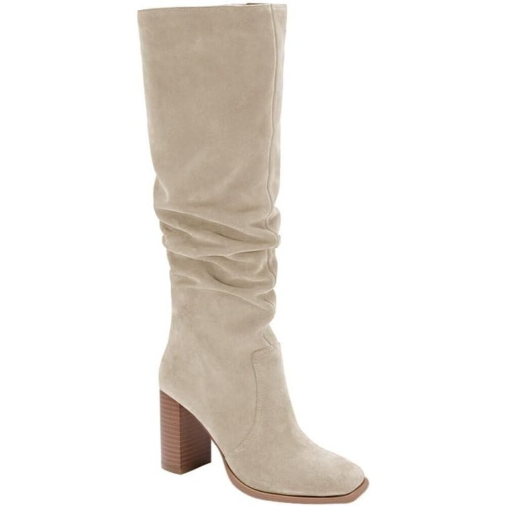 Women's Beige Chunky High Heel Square Zipper Wide Calf Knee High Boots
